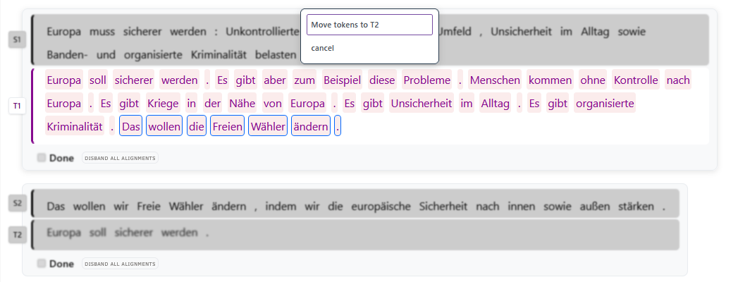 An example of SegmentationMmode, where the tokens "Das wollen die Freien Wähler ändern." at the end of TT segment 1 have been selected with the intent of moving them into the beginning of TT segment 2.